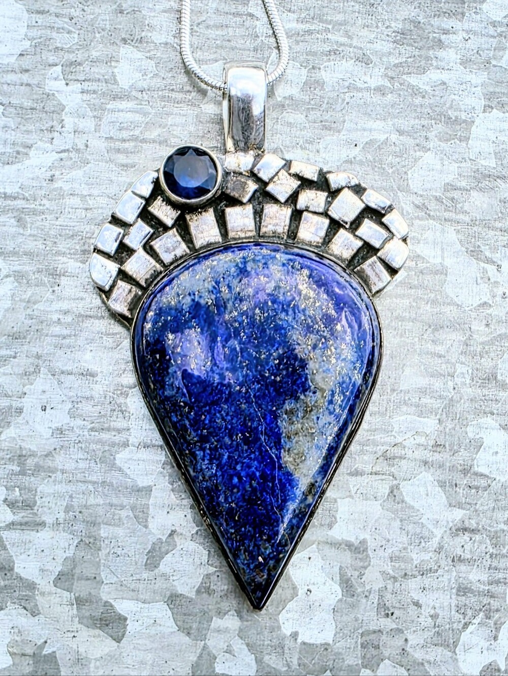 Lapis Lazuli W/ Blue Topaz Gemstone Pendant In 925 Sterling Silver (2.2")
